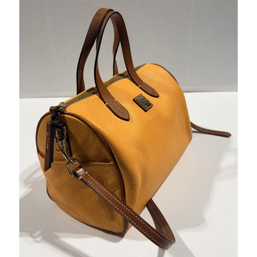 Dooney & Bourke Orange Pebbled Leather Satchel Crossbody Bag Brown Trim